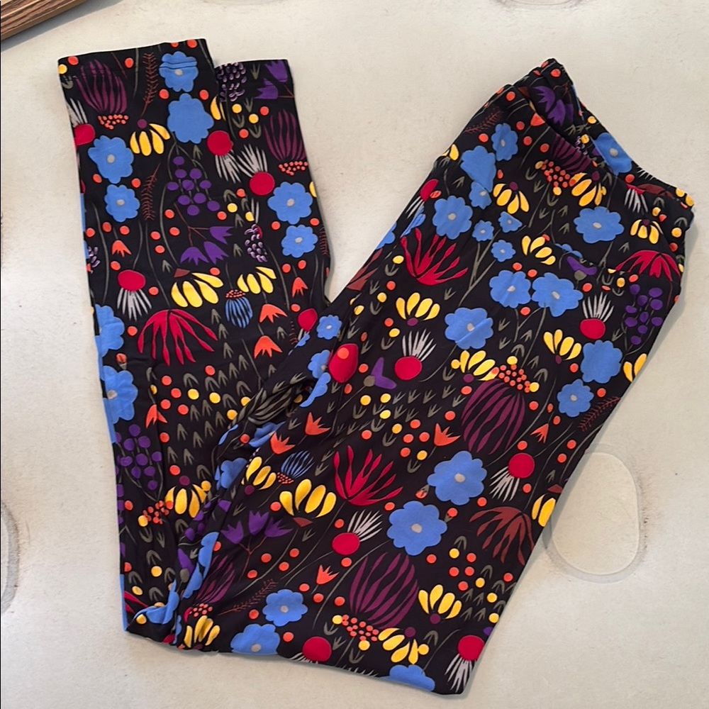 LuLaRoe Black Leggings with Blue and Yellow Floral Pattern